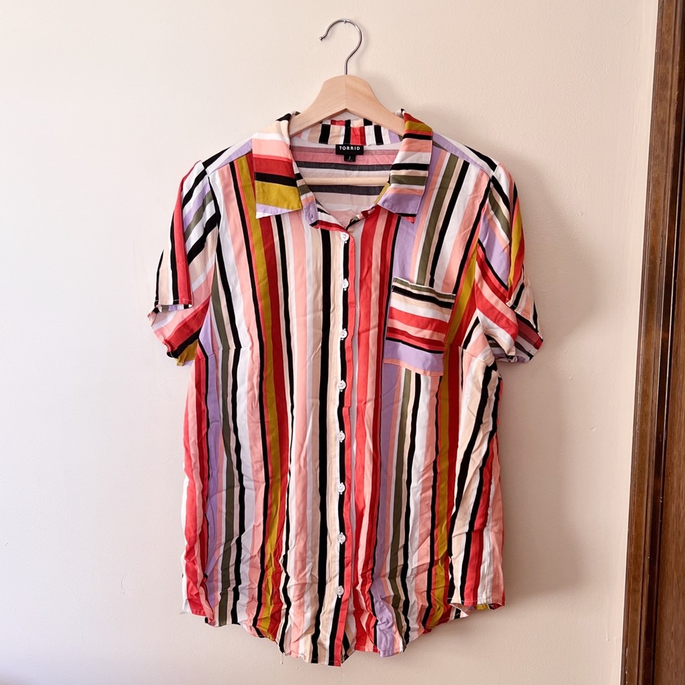 Torrid Multi-Color Stripe Button Down Stretch Challis Shirt Size 2
